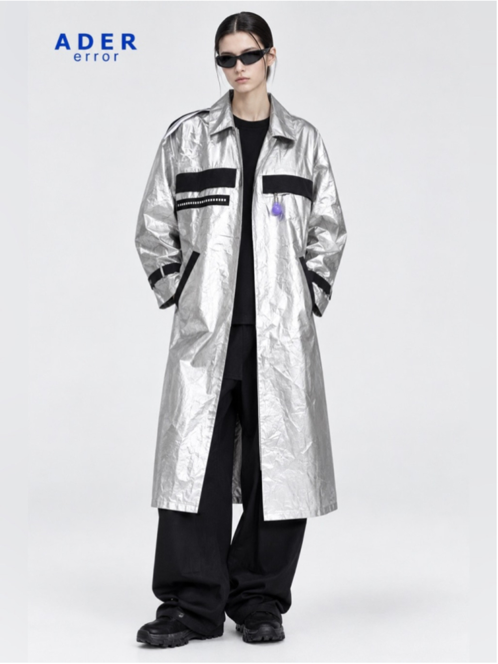 ADER Error Metallic Silver Oversized Long Coat Avant Garde Statement jacket